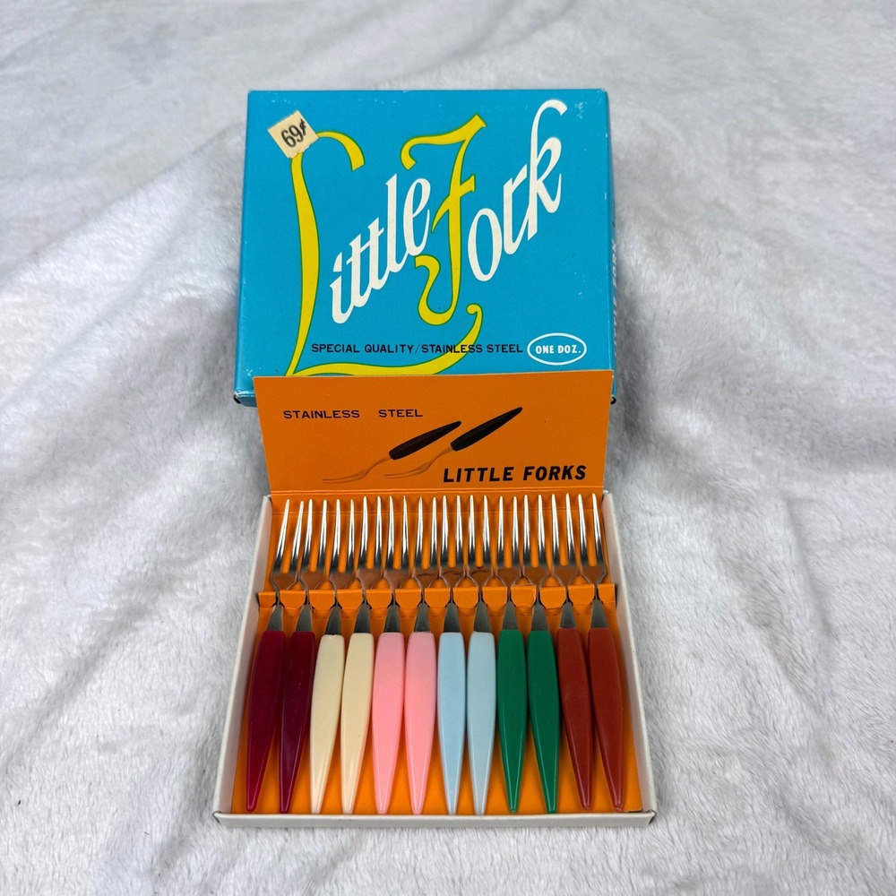 Vintage Little Fork Stainless Steel Appetizer Set 12pc Multi Color Mid Century
